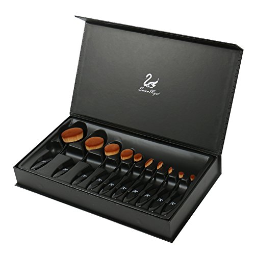 SwanMyst 10 Piece Soft Synthetic Fiber Oval Toothbrush Makeup Brush Set for Applying Foundation, Cream, Liquid, Contour, Powder, Blush, Concealer, Gift Box and Travel Pouch Included
