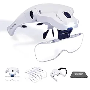MagniPros LED Illuminated Headband Magnifier Visor with Cleaning Cloth- 1X to 3.5X Zoom with 5 Detachable Lenses - Hands Free Head Worn Lighted Magnifying Glass for Inspecting & Electronic Repair by MagniPros®