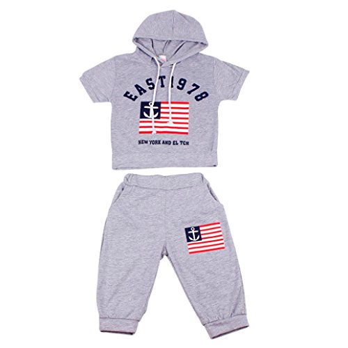 For 2-7 years old boys,Clode® New Summer Children Clothing Boys Hooded Short Sleeve T-shirt And Pants Suits (90cm(2-3Y), Gray)
