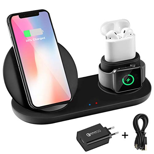 Wonsidary iPhone iWatch AirPods 用ワイヤレス充電器、3 in 1 Qi 高速充電器スタンド充電ステーション iWatch シリーズ 3/2/1、iPhone XS/XR/8、Samsung S10/S9/Note 8 & Qi 対応デバイス用