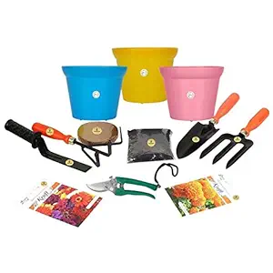 Kraft Seeds! 5 Pieces Garden Tools Set with 2 Flower Seeds Packets and 3pcs mini small flower pots 3-inch diameter also Cocopeat 100gm and Neem base Organic Manure 1kg for fast Germination of seeds
