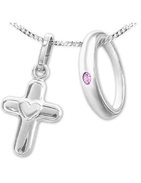 CLEVER SCHMUCK-SET 2 Silberne Anhänger Mini Kreuz 11 mm glänzend plastisch mit Herz matt und Taufring schlicht...