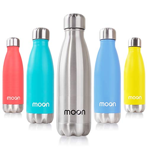 Moon Bottle - Premium Insulated Stainless Steel Metal Water Bottles - 24 Hours Cold, 12 Hours Hot - Double Walled, Reusable, BPA-Free, Leakproof Guarantee (500ml, Silver)