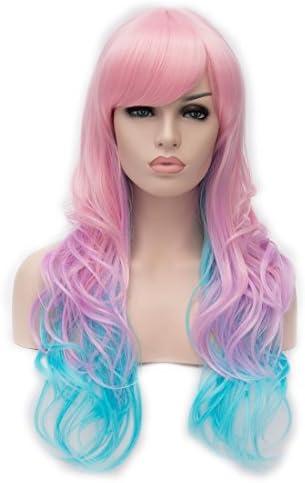 Priomix Pink Blue Purple Ombre Harajuku Long Anime Cosplay Full Hair Wigs for Women Plus Free Wig Cap (Multicolour Curly)