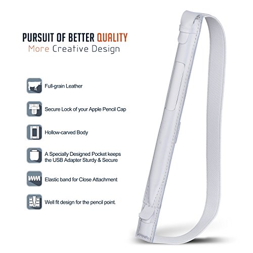 Apple Pencil Halter, Fullmosa® Hochwertige Kunstleder Stifthalter Apple Pencil Hülle Etui mit USB-Adapter-Tasche für iPad Pro 9.7 & iPad Pro 10.5,Weiß - 2