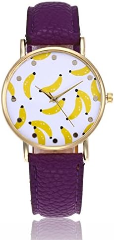 Homim Cute Cartoon Banana Print Women Simple Case Watch Pu Leather Trap Quartz Watch(Purple)