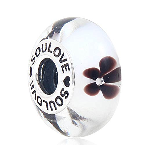 Soulbead Ciondolo a forma di perla, in vetro di Murano con interno in argento 925, con logo Soulove e decorazione floreale, per bracciali compatibili Brown Flower Charm