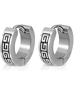 Bungsa® Griechisches Design Creolen silber 4mm - 1 Paar Klappcreolen Edelstahl (Ohrringe Huggies Labyrinth Maze...