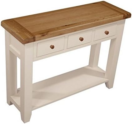 Jenison White Console Table, Oak And Pine Console Table With 3 Drawers, Pine And Oak Tea Table, Pine And Oak Buffet Table, Living Room / Hallway / Dining Room Furniture, 80 x 107 x 35cm, Natural Oak, Champagne