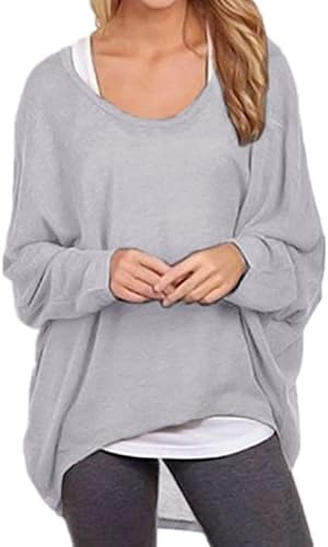 Yidarton Sexy Fashion Oversized Off-Shoulder Long Sleeve Oversized Baggy Asymmetry Tops T-Shirt For Women (Gray,XL)