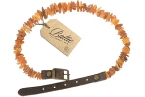 BALTIC AMBER LAND Haustierhalsband mit verstellbarem Lederband, 20–65 cm, natürlicher Floh- und Zeckenschutz, mit echten ungeschliffenen Perlen aus Baltischem Bernstein