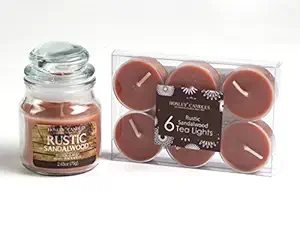 Hosley Rustic Sandalwood Highly Scented, 2.65 Oz Wax, Jar Candle with Pack of 6pieces Scented Tealights
