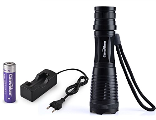 Canwelum Super-helle Aufladbare Cree T6 LED Taschenlampe, 5-Modus Dimmbare Außen Camping Zoom LED-Taschenlampe (A Komplett-Set mit 18650 Batterie Geschützt und Euro Ladegerät – CE Zertifiziert) - 3
