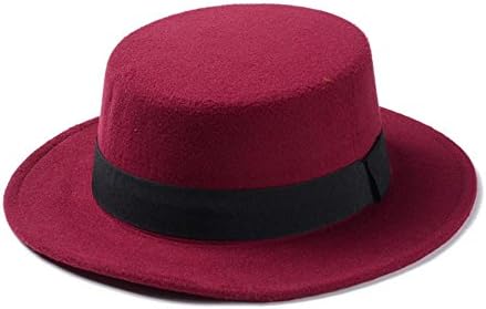 SDDMALL Brand New Wool Boater Flat Top Hat For Women's Felt Wide Brim Fedora Hat Laday Prok Pie Chapeu de Feltro Bowler Gambler Top Hat ( Color : Wine red , Size : 58cm )