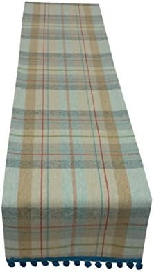 Table runner Tartan Check interior design CAIRNGORM Duck egg Pom pom trim fully lined Faux Wool Made by Janelle Design Table/bed/wedding runner sofa throw ideal for Birthday party's Christenings summer garden party's (95")
