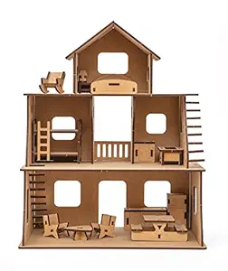 NEKBAL Wooden Doll House with Furniture for Kids, Dollhouse Construction Kit with Assembly Instructions, Wooden Doll House for Girls and Boys (Classic)