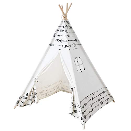 MECHHRE 100% Coton Toile Tipi Enfant Intérieur Grande Tente De Jeu Fille & Garçon Toile Tente De Jeu Fille Garçon Teepee Chambre avec 1 Fenêtre 1 Pochette 1 Sac Portable (Blanc)