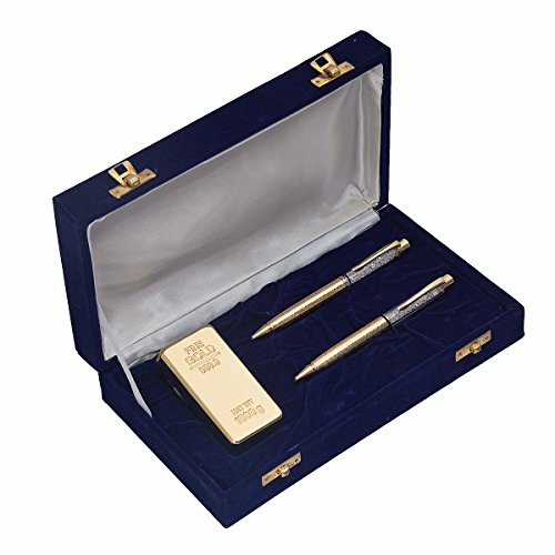 JEWEL FUEL 2 German Silver Gold Plated Ball Pen and Gold Plated Gold Bar Paper Weight Gift Set