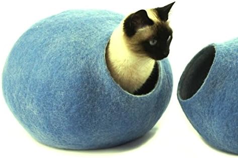 The Basis Of The Cat, House, Cave. infeltrito Hand. Sheep Wool, Natural and Eco-Friendly. Blue. Size L (Large)