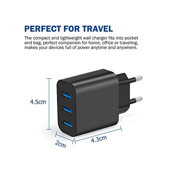 Amoner USB Ladegerät 2 Stücke 3-Port 3A Ladeadapter für iPhone X/8/8 Plus, Galaxy S9/S9 Plus/S8/S8 Plus/Note, iPad, Sony, HTC, Motorola, LG und Weitere Geräte – Bild 3