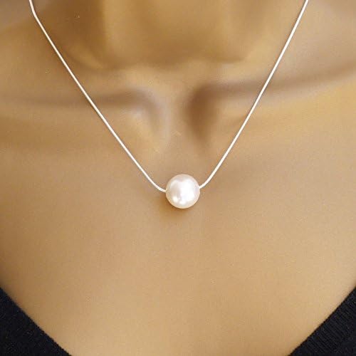 Single Big Pearl Floating Swarovski Crystal White Pearl 18 inch Necklace Handmade Jewellery