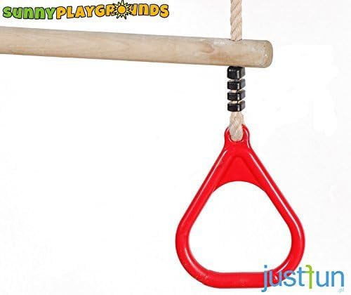 Wooden Trapeze with Plastic Triangular Gym Rings Red- Outdoor Indoor Playground Swing Set Accessories for Kids