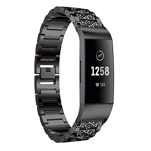 Preisvergleich Produktbild MuSheng uhrband Für Fitbit Charge 3 Armband Edelstahl Diamantersatz Armbänder Bracelet Strap Wrist Band für Fitbit Charge 3 Fitness Sport Tracker Damen Herren Small-Large Geschenkbox (Schwarz)