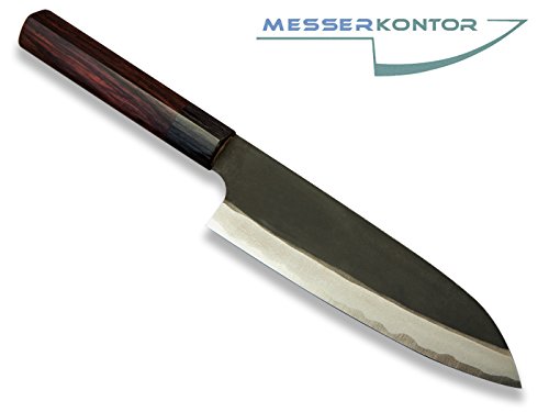 SIROU KAMO Kamo-to Kuro-Santoku Messer 17cm japanisches Kochmesser nicht rostfrei Carbonstahl handgeschmiedet Aogami II Zunderschicht beidseitig geschliffen Sandelholzgriff - 2