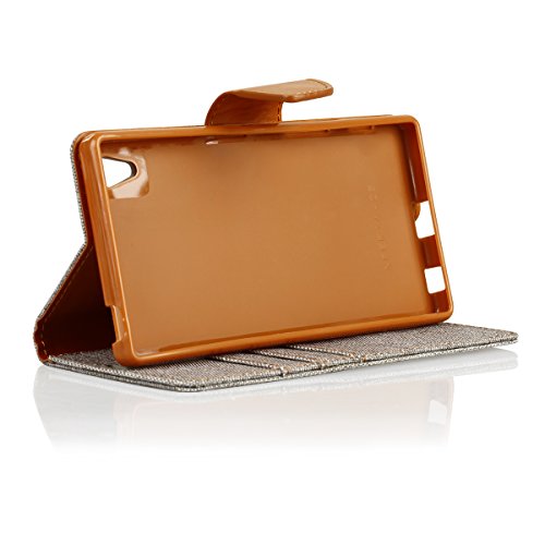 EGO® Luxury Bookstyle Handy Tasche mit praktischer Aufstellfuntkion für Sony Xperia Z5 Grau Flip Case Magnetverschluss Book Cover mit Kartenfach Wallet Stand Schutz Hülle Canvas - 4