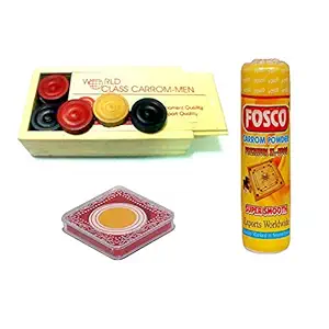 Optimus Premium Carrom Combo B - 250 gm Disco Carrom Powder 1 Set Wooden Carrom-Men Coins & 1 Acrylic Striker