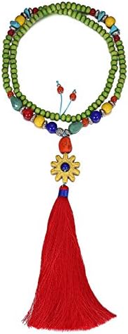 eManco Long Light Green Wood Bead Necklace with Red Tassel Sun Stone Pendant for Women Fashion Jewellery