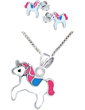 SL-Silver Set Kette Kinder Ohrringe Anhänger buntes Einhorn 925 Silber in Geschenkbox
