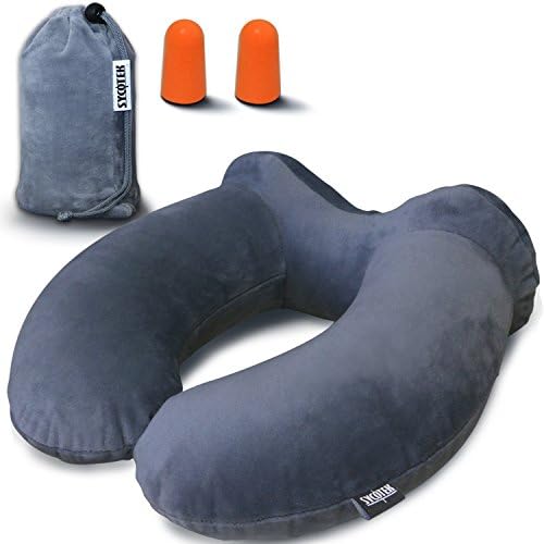 SYCOTEK Inflatable Neck Pillow Adults &amp; Childrens Travel Pillow of Neck Protection, Best Pillow for Neck Pain Support Sleeper Rest Airplanes Travelling Car With Earplugs, 2017 Invention Grey