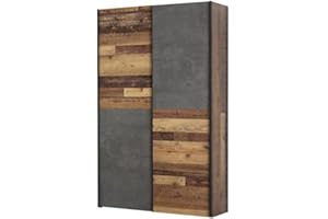FORTE Ohio 40 Mehrzweckschrank modern 2-türig mit Einlegeböden, Schwebetürenschrank, Garderobenschrank, Old Wood Vintage Retro Holz Dekor mit Betonoptik Grau, 120 cm breit x 42 cm tief x 190,5 cm hoch