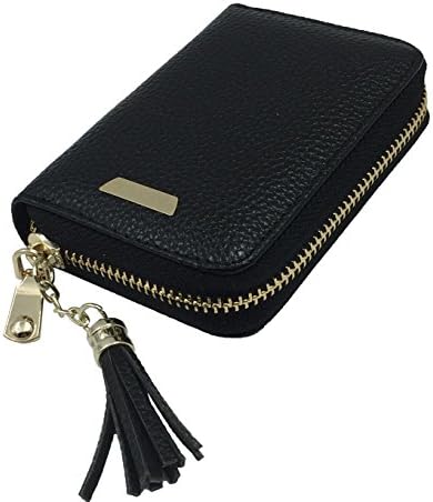 PHARRI Leather Credit Card Case Holder Wallet Zipper Small Purse Organizer for Women Men (Black)