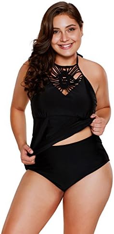 Women's Plus Size Two Pieces Swimwear Crochet Flower High Neck Tankini Beachwear
