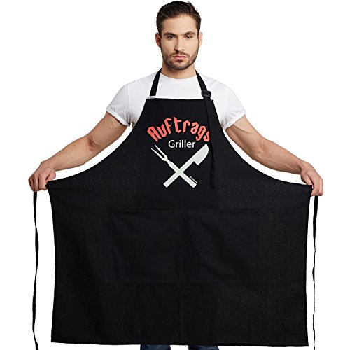 Inhoma Grillschürze bedruckt: "Auftrags-Griller" in Schwarz | 100% Baumwolle | Barbecue-Schürze mit praktischen Taschen & verstellbarem Nackenband | extra groß 1x1m | Männergeschenk| mit Spruch