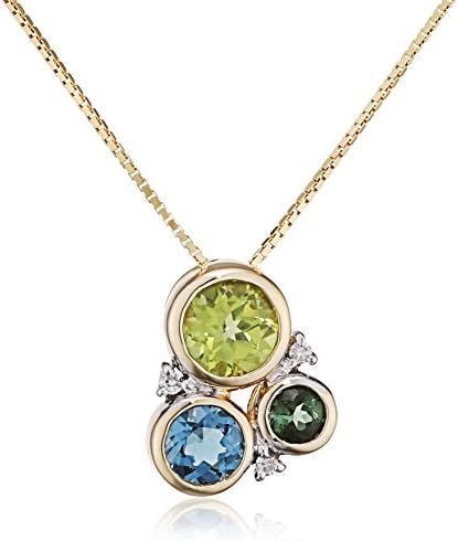 9ct Yellow Gold Diamond, Peridot, London Blue Topaz and Green Tourmaline Circle Pendant on a Chain of Length 46cm