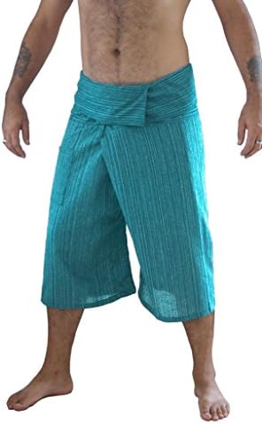 Siam Secrets 100% Cotton Pinstripe 3/4 Capri Thai Fisherman Pants Plus Aqua