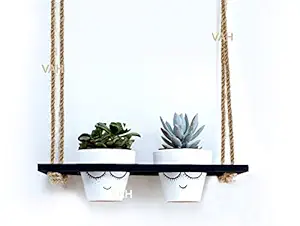 VAH Wood Hanging Planter Shelf Plant Hanger Decorative Flower Pot Rack with Rope Home Decor Hanging Planter-Plant Stand-Vertical Planter-Planter Rack ( 2 Pot Black Planter)