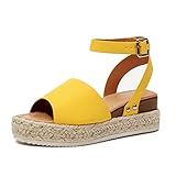 Sandalen Damen Keilabsatz Sommer Plateau Espadrille Sandaletten Flache Leder Peep Toe 5 cm Keil Espadrille Sommerschuhe Bequeme Gelbe 40