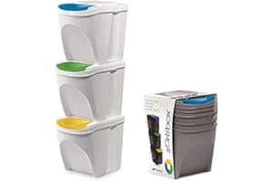 KrysGo 20 Litre Large Stackable Recycling Sorting Colour Coded Plastic Bins with Hinged Lids (White, Set of 3)