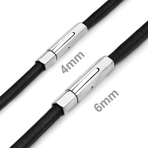 4-6MM 18-30" Mens Black Leather Cord Necklace Rope Stainless Steel Hexagon Clasp