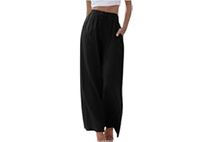 Soulolo Damen Hosen Leinen Lang Baumwolle Damen Leinenhose Einfarbig Loose Fit Stoffhose Weite Beine Freizeithose mit Tunnelzug und Taschen