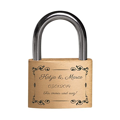 Preisvergleich Produktbild Personello® Personalisiertes Liebesschloss mit Gravur und Schlüssel, mit individuellen Namen, Datum und Text graviert, gold, Premium Qualität