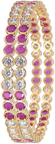Ratnavali JewelsDesigner Gold Plated American Diamond Red Ruby Cubic Zirconia Bangles Set for Women/Girls