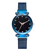 Eucoo Damenuhr Quartz Star Dial Edelstahlnetz Mit Uhrenbox Geschenkverpackung(Blau)