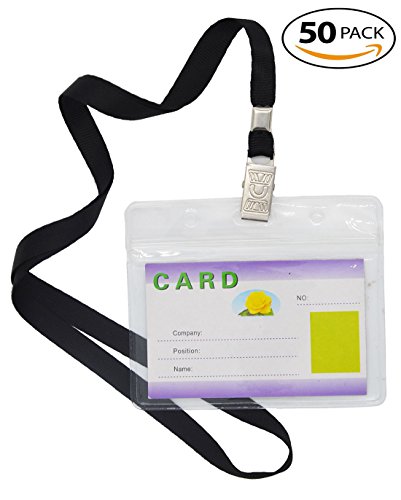 Bird Fiy 50 pcs resistente al agua Tipo parte superior calidad plástico transparente Horizontal Nombre Etiqueta Badge ID tarjeta y 50 pcs Lanyard, color negro