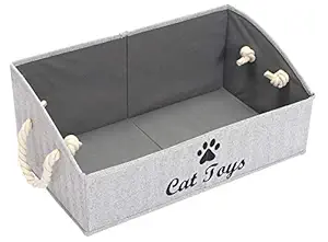 Large Cat Toys Storage Bins - Foldable Fabric Trapezoid Organizer Boxes with Cotton Rope Handle, Collapsible Basket for Shelves, Cat Toys, Cat Apparel & Accessories?Cat Diaper (Striped?Gray-Cat)