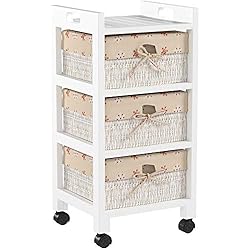 ts-ideen Commode Meuble de rangement à roulettes 3 paniers Style campagne Bois Blanc Entrée, salon, salle de bains, chambre